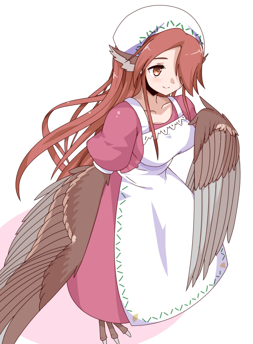 1girl apron brown_hair commentary_request dress feathered_wings feathers hair_over_one_eye harpy head_feathers head_scarf highres kawasumi_(tk2k_jade) long_hair monster_girl pink_dress rin_(torikissa!) sidelocks smile solo talons torikissa! winged_arms wings