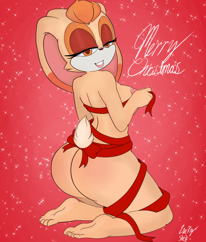 anthro big_ears butt christmas feet female hi_res holidays humanoid lagomorph leporid lipstick lucky_shelf makeup mammal rabbit ribbons smile smiling_at_viewer solo sonic_the_hedgehog_(series) tail_tuft tuft vanilla_the_rabbit