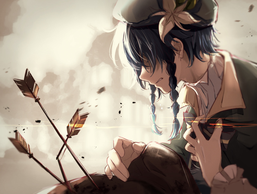 2boys absurdres arrow_(projectile) bangs black_hair blue_hair blurry blurry_background bow braid broken_arrow covered_eyes flower frilled_sleeves frills from_side genshin_impact gradient_hair green_headwear hair_flower hair_ornament hat highres long_sleeves male_focus multicolored_hair multiple_boys nezu_(se_aroe) open_mouth otoko_no_ko ribbon simple_background twin_braids venti_(genshin_impact) white_flower