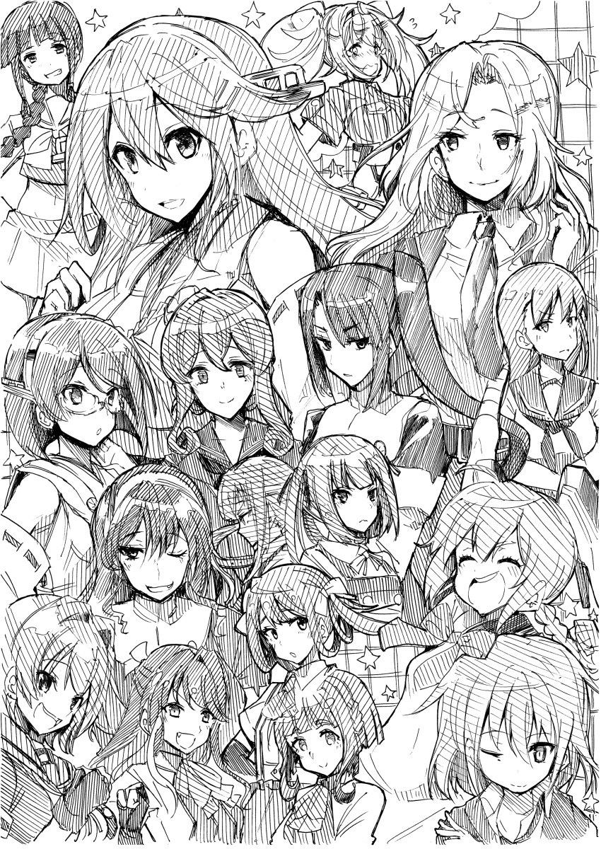 absurdres ahoge arm_up asagumo_(kantai_collection) ashigara_(kantai_collection) bandaged_arm bandages bangs bow bowtie braid breasts closed_eyes detached_sleeves dress gambier_bay_(kantai_collection) glasses gloves gotland_(kantai_collection) greyscale hair_between_eyes hairband haruna_(kantai_collection) headgear highres hornet_(kantai_collection) jacket japanese_clothes kantai_collection kasumi_(kantai_collection) kinu_(kantai_collection) kirishima_(kantai_collection) kitakami_(kantai_collection) lineart long_hair long_sleeves monochrome multiple_girls nachi_(kantai_collection) naganami_(kantai_collection) necktie nenohi_(kantai_collection) one_eye_closed ooi_(kantai_collection) open_mouth ponytail sailor_collar sailor_dress school_uniform serafuku short_hair side_ponytail sidelocks single_braid smile star_(symbol) takanami_(kantai_collection) tears tsuji_kazuho twintails upper_body wakaba_(kantai_collection)