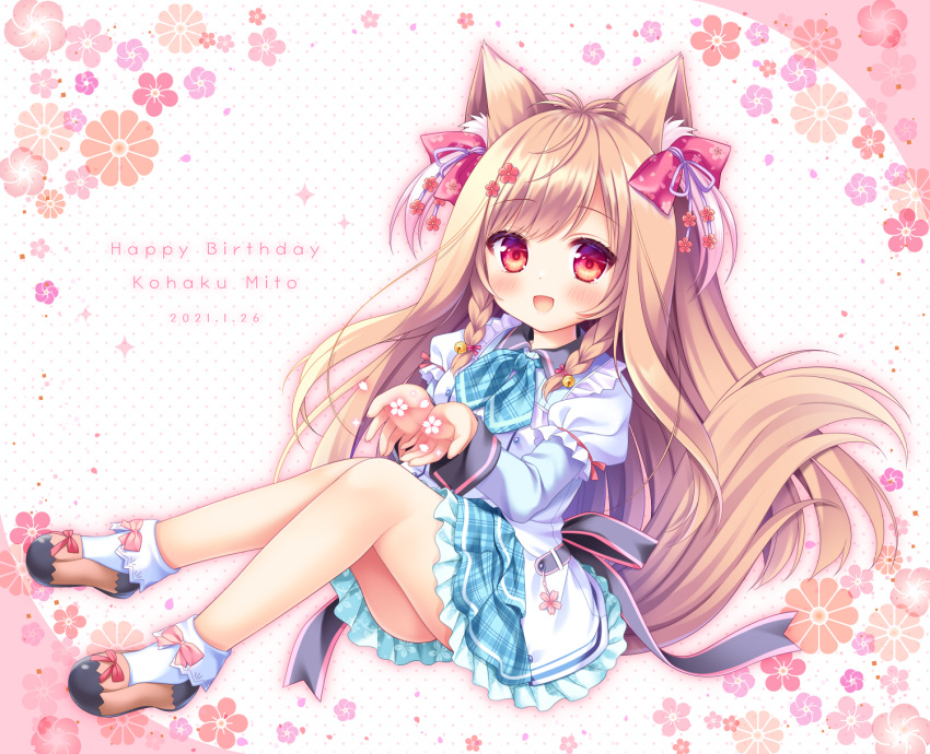 1girl :d animal_ear_fluff animal_ears bangs bell blue_neckwear blue_skirt blush bobby_socks braid breasts brown_footwear brown_hair character_name collared_dress commentary_request dated dress eyebrows_visible_through_hair floral_background full_body hair_bell hair_ornament hands_up happy_birthday highres jingle_bell long_hair long_sleeves looking_at_viewer mito_kohaku open_mouth plaid plaid_neckwear plaid_skirt puffy_short_sleeves puffy_sleeves red_eyes ryuuka_sane shoes short_over_long_sleeves short_sleeves skirt small_breasts smile socks solo tail tayutama_2 twin_braids very_long_hair white_dress white_legwear