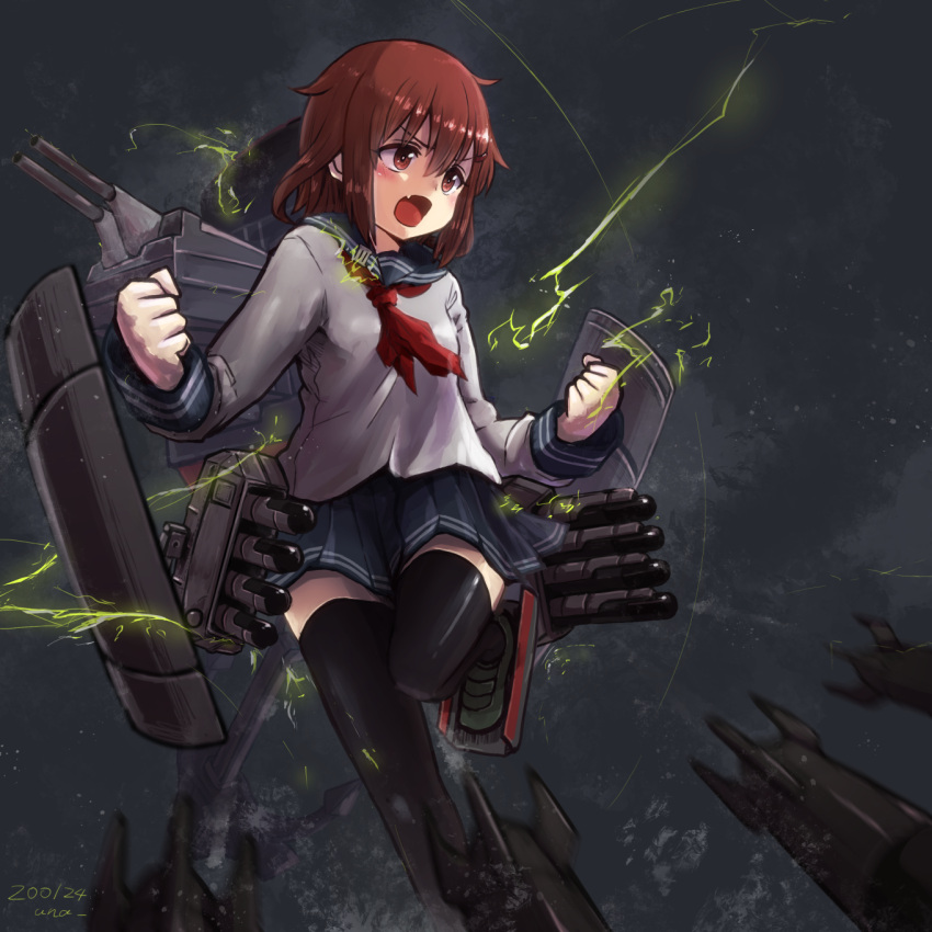 1girl anchor_symbol black_legwear black_sailor_collar black_skirt blush brown_eyes brown_hair dated electricity eyebrows_visible_through_hair fang hair_between_eyes hair_ornament hairclip highres ikazuchi_(kantai_collection) kantai_collection long_sleeves machinery neckerchief open_mouth pleated_skirt red_neckwear rigging sailor_collar school_uniform serafuku short_hair signature skirt solo thighhighs torpedo turret unagiman