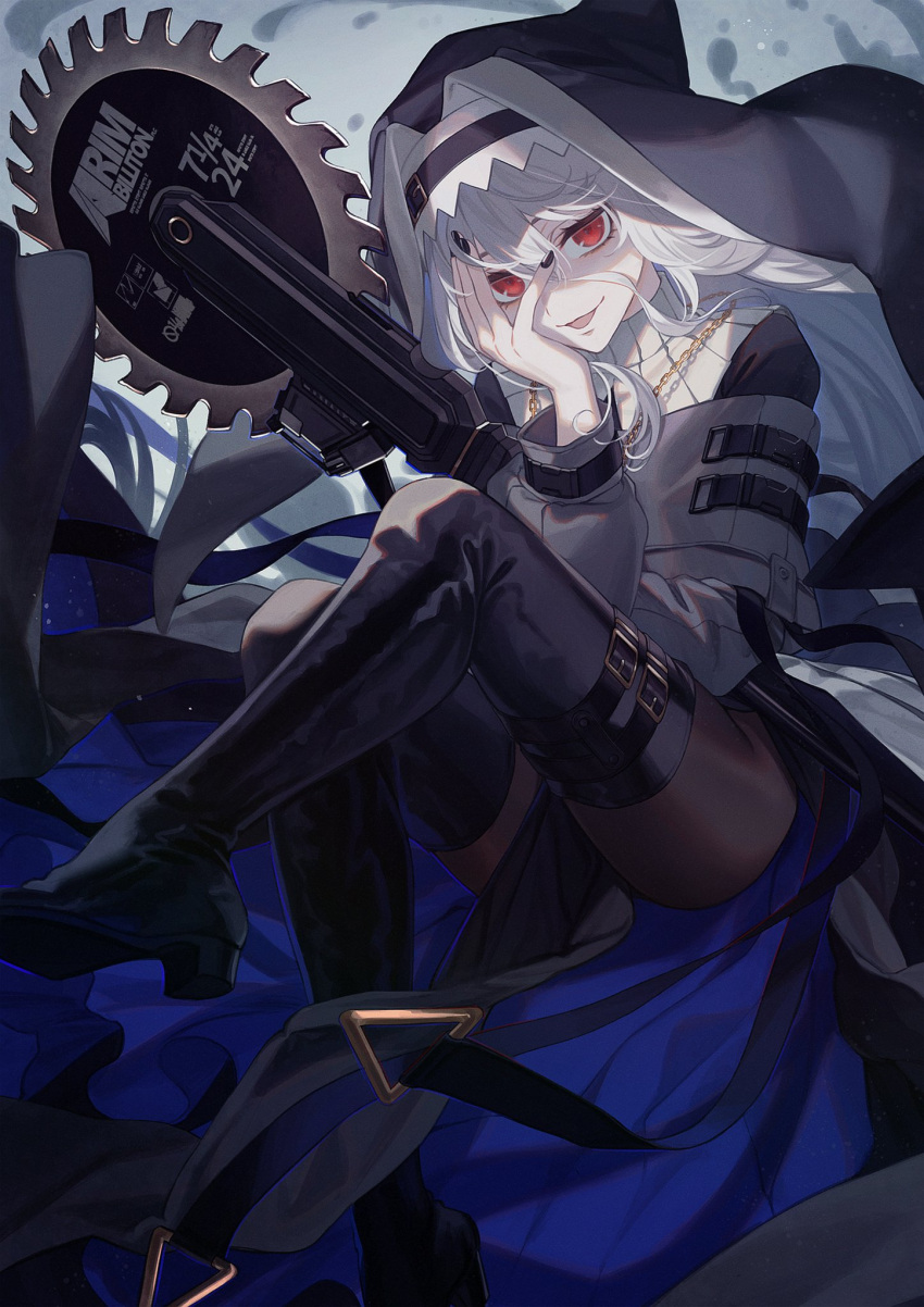 1girl :d arknights arm_up black_dress black_footwear boots breasts chain_necklace circular_saw commentary_request dress habit hand_on_own_cheek hand_on_own_face highres holding holding_weapon jewelry ji_mag_(artist) long_hair long_sleeves looking_at_viewer necklace nun open_mouth red_eyes silver_hair small_breasts smile solo specter_(arknights) thigh_boots thigh_strap thighhighs thighs very_long_hair weapon