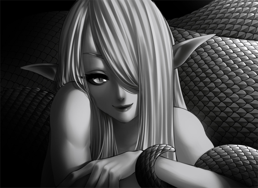 1girl apophis_(monster_girl_encyclopedia) black_sclera closed_mouth colored_sclera completely_nude greyscale hair_over_one_eye highres lamia loen looking_at_viewer monochrome monster_girl monster_girl_encyclopedia nude one_eye_covered pointy_ears slit_pupils smile solo