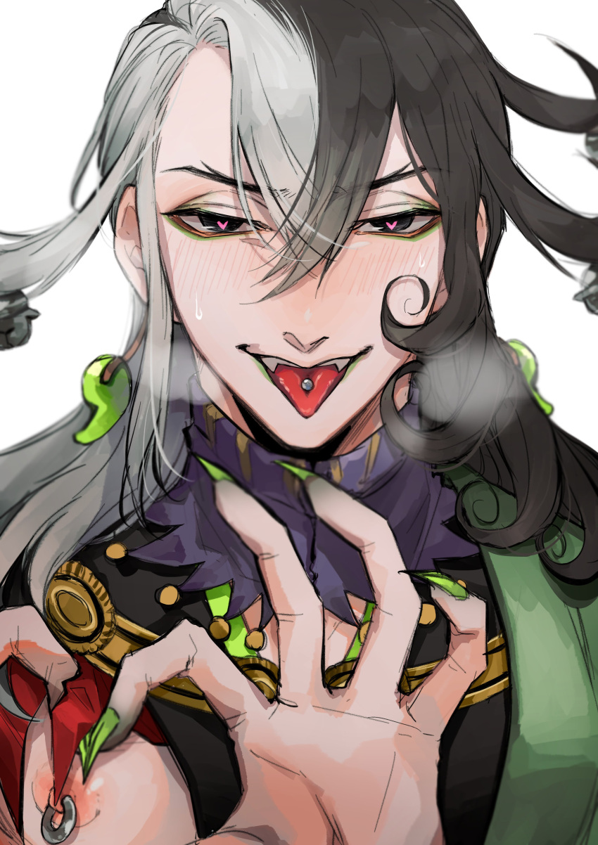 1boy absurdres ashiya_douman_(fate) asymmetrical_clothes asymmetrical_hair bare_pecs bell black_eyes black_hair blush breath curly_hair earrings face fate/grand_order fate_(series) fingernails green_eyeshadow green_kimono green_lipstick green_nails hair_bell hair_between_eyes hair_intakes hair_ornament heart heart-shaped_pupils highres japanese_clothes jewelry kimono lipstick long_hair magatama magatama_earrings makeup male_focus multicolored_hair nipple_piercing nipple_rings open_clothes open_kimono oshiruko_(oshiruko0803) piercing portrait ribbed_sleeves sharp_fingernails solo symbol-shaped_pupils tongue_piercing two-tone_hair upper_body very_long_fingernails very_long_hair white_hair