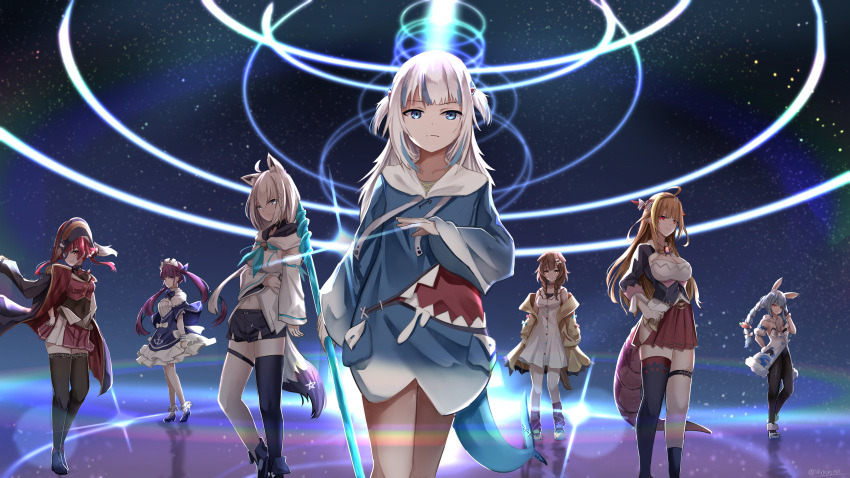 6+girls absurdres ahoge animal_ears black_legwear blonde_hair blue_hair braid breasts brown_hair bunny_ears cleavage coat coat_on_shoulders dog_ears dog_girl dragon_girl dragon_horns dragon_tail dress eyepatch fate/grand_order fate_(series) fox_ears fox_girl fox_tail gawr_gura hand_on_hip hands_on_hips hat highlights highres hololive horns houshou_marine inugami_korone kiryuu_coco light_pillar long_hair maid_headdress minato_aqua multicolored_hair multiple_girls navel orange_hair parody pirate_hat purple_hair red_hair scales shirakami_fubuki shorts single_thighhigh skirt sky standing star_(sky) starry_sky streaked_hair tail thigh_strap thighhighs twin_braids twintails twitter_username usada_pekora virtual_youtuber white_hair yukidaruma718