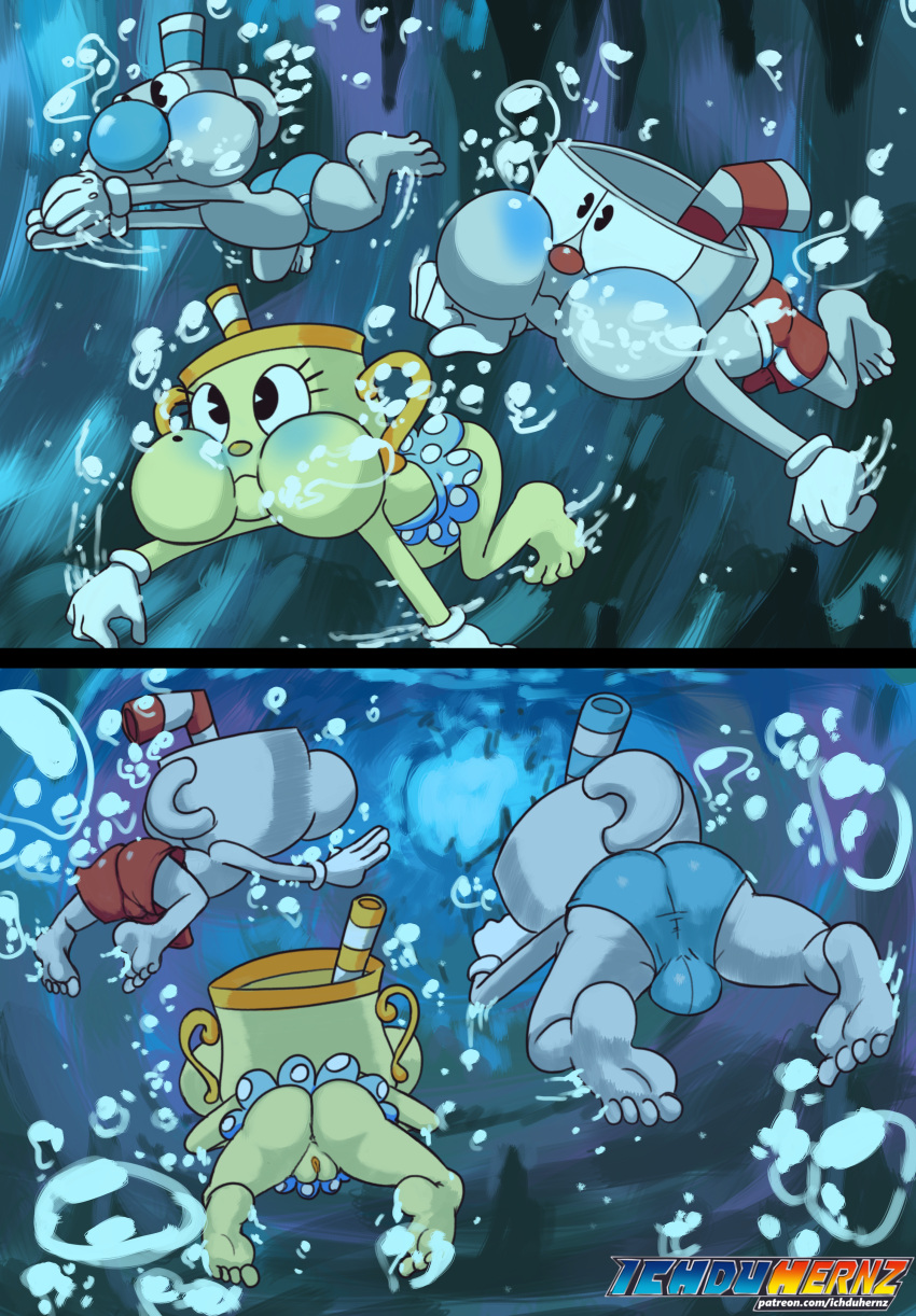 absurd_res air_bubbles anthro bubble cave clothed clothing cup cuphead_(character) cuphead_(game) female for_a_head group hi_res holding_breath ichduhernz male ms._chalice mugman no_underwear object_head puffed_cheeks swimming text underwater url video_games water