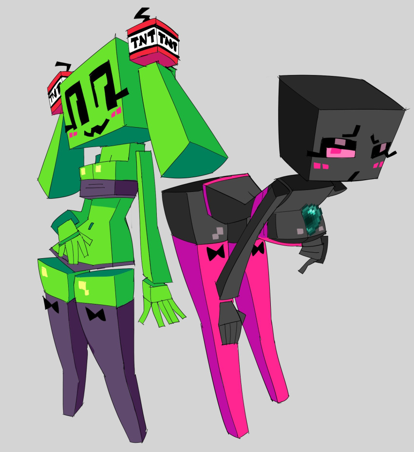 blocky blush bra breasts clothed clothing creeper duo ender_pearl enderman explosives female hi_res humanoid leaning leaning_forward long_socks looking_at_viewer minecraft navel one_eye_closed panties partially_clothed pink_bra pink_clothing pink_eyes pink_panties pink_underwear sh0r0ken standing tnt underwear video_games wink winking_at_viewer