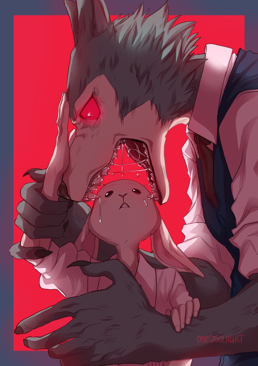 2021 5_fingers anthro beastars black_eyes black_nose blue_border blue_clothing bodily_fluids border canid canine canis claws clothing digital_media_(artwork) drooling duo fangs female fingers fur gaping_mouth glowing glowing_eyes grey_body grey_fur haru_(beastars) hi_res humanoid_hands imminent_vore lagomorph larger_male legoshi_(beastars) leporid long_ears male mammal necktie onesmolhurt open_mouth rabbit red_background red_sclera saliva shirt simple_background size_difference smaller_female teeth topwear white_body white_clothing white_fur wolf