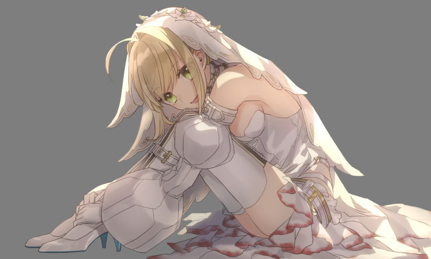 1girl akamakoto bangs bare_shoulders belt blonde_hair blush boots breasts bridal_veil chain detached_collar detached_sleeves elbow_gloves fate/extra fate/extra_ccc fate_(series) gloves green_eyes hair_between_eyes hair_intakes hands_up high_heel_boots high_heels knees_up large_breasts leotard lock long_hair looking_at_viewer nero_claudius_(bride)_(fate) nero_claudius_(fate)_(all) open_mouth padlock puffy_detached_sleeves puffy_sleeves sitting smile thigh_boots thighhighs veil white_footwear white_gloves white_leotard white_sleeves zipper_pull_tab