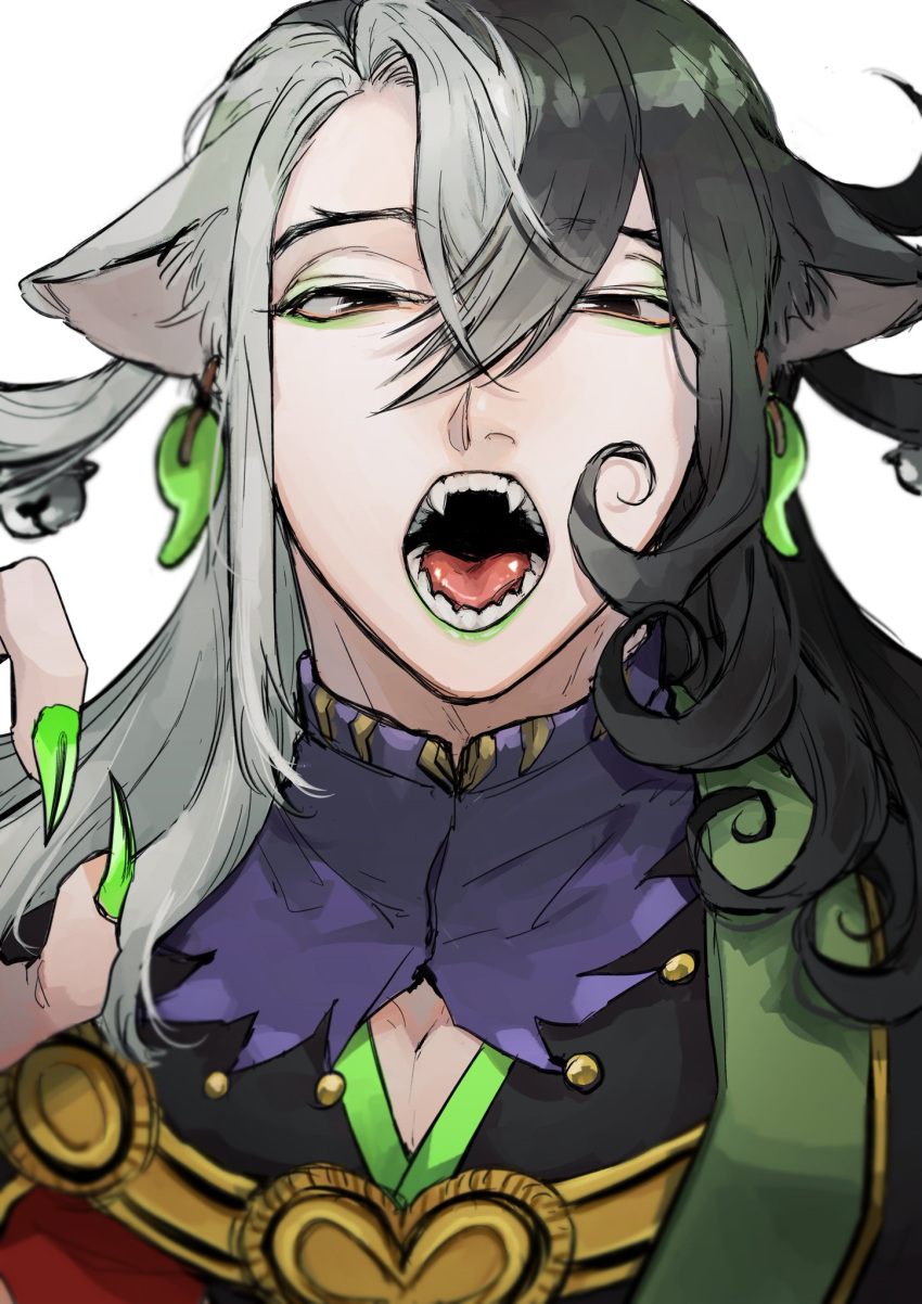 1boy animal_ears ashiya_douman_(fate) asymmetrical_clothes asymmetrical_hair bell black_eyes black_hair cat_boy cat_ears claw_pose close-up curly_hair earrings face fangs fate/grand_order fate_(series) fingernails green_eyeshadow green_kimono green_lipstick green_nails hair_bell hair_between_eyes hair_intakes hair_ornament highres japanese_clothes jewelry kimono lipstick long_hair magatama magatama_earrings makeup male_focus multicolored_hair open_clothes open_kimono open_mouth oshiruko_(oshiruko0803) ribbed_sleeves sharp_fingernails solo two-tone_hair very_long_fingernails very_long_hair white_hair