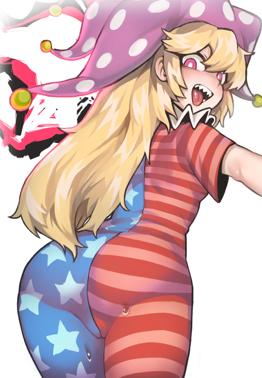 1girl adapted_costume ass blonde_hair bright_pupils clownpiece from_behind hat highres jester_cap long_hair looking_at_viewer looking_back neck_ruff no_wings pigeoncrow pink_eyes purple_headwear sharp_teeth short_sleeves simple_background smile solo striped teeth tongue tongue_out touhou white_background