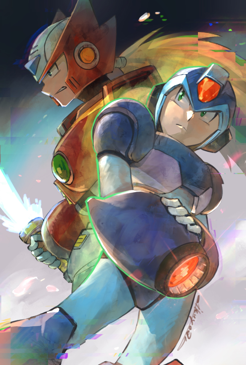 2boys absurdres chromatic_aberration closed_mouth diffraction_spikes energy_sword glitch green_eyes helmet highres holding holding_sword holding_weapon ikuyoan long_hair multiple_boys parted_lips robot rockman rockman_x signature sword weapon x_(rockman) zero_(rockman)