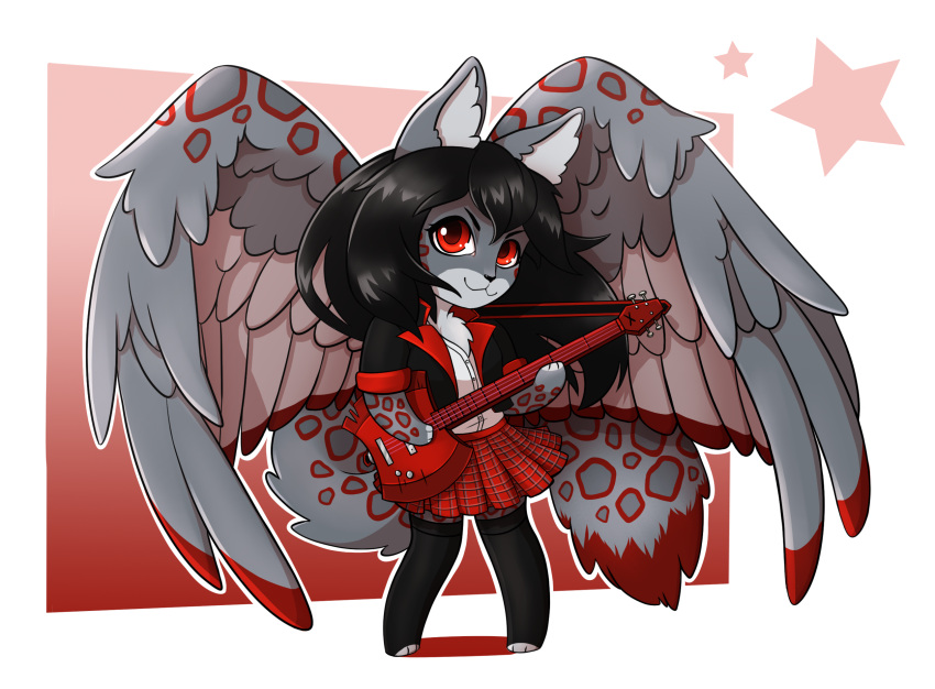 anthro black_hair bottomwear chibi clothing feathered_wings feathers felid female fur grey_body grey_fur guitar hair hi_res jacket leopard looking_at_viewer mammal markings multicolored_body multicolored_fur musical_instrument pantherine playing_music plucked_string_instrument ranara red_bottomwear red_clothing red_eyes red_markings red_skirt shirt simple_background skirt smaller_version_at_source solo star string_instrument topwear two_tone_body two_tone_fur white_clothing white_shirt white_topwear wings