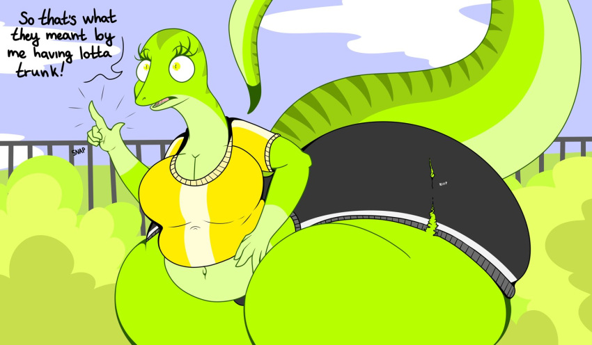 anthro big_butt breasts butt cleavage clothed clothing dialogue english_text female hi_res huge_butt lizard mirroidal non-mammal_breasts reptile scalie solo text thick_thighs torn_clothing