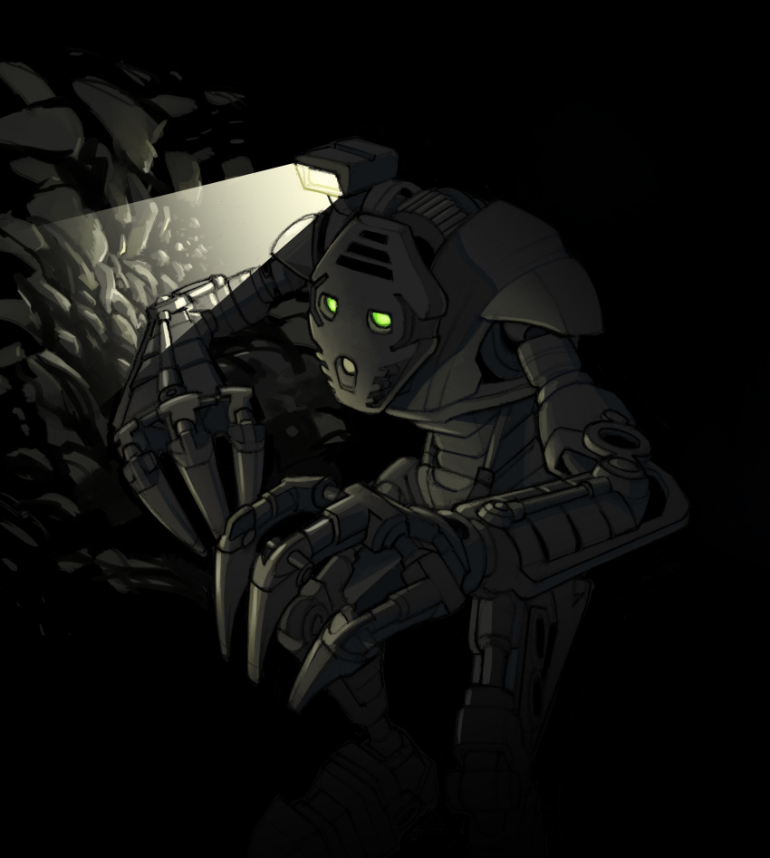2021 3_fingers ambiguous_gender armor bionicle biped black_background black_body cave claws detailed_background digital_drawing_(artwork) digital_media_(artwork) fingers flashlight glowing glowing_eyes green_eyes hambonous hi_res humanoid lego living_machine long_claws machine mask mouthless muscular not_furry onua robot robot_humanoid rock simple_background toa underground