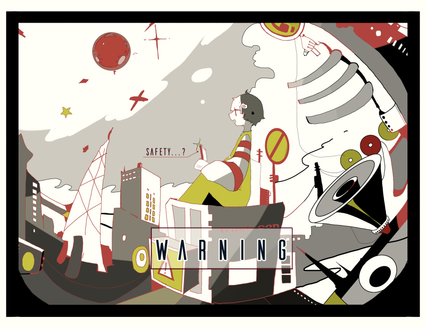 ! 1boy absurdres bangs black_border border building cellphone cloud commentary english_text fisheye from_side full_moon glint grey_hair hair_ornament hairpin highres holding holding_phone kamonabe_(kamonabeekon) knees_up long_sleeves male_focus marumaru_no_shuyaku_wa_wareware_da! moon muted_color night open_mouth outdoors overalls phone profile radio_tower red_eyes red_shirt road_sign shaoron shirt short_hair sign sitting skyscraper smartphone solo speaker star_(symbol) striped striped_shirt utility_pole white_border