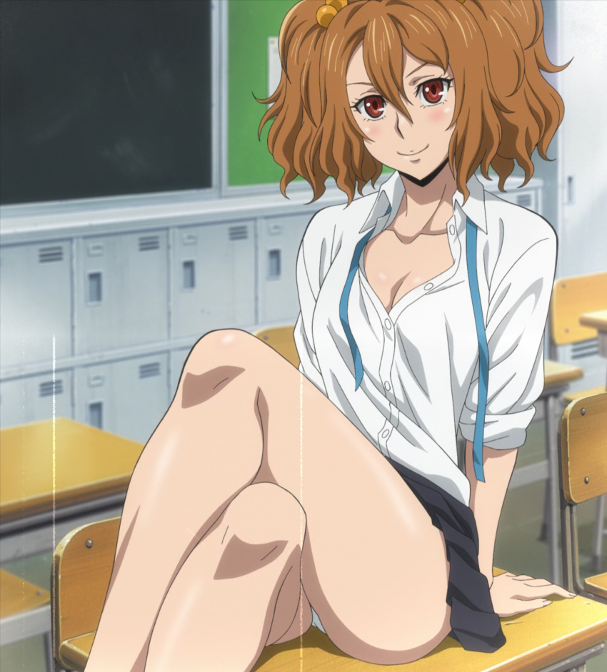1girl black_skirt blush breasts brown_hair classroom cleavage closed_mouth collarbone crossed_legs desk hair_bobbles hair_ornament highres indoors killing_bites looking_at_viewer medium_breasts miniskirt nakanishi_eruza on_desk panties pleated_skirt red_eyes screencap shiny shiny_hair shiny_skin shirt sitting sitting_on_desk skirt smile solo stitched third-party_edit underwear white_panties white_shirt