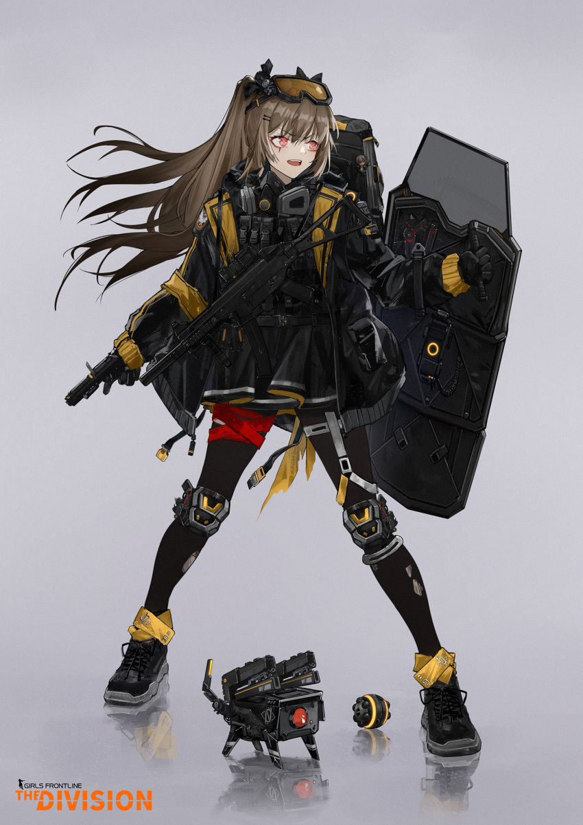 1girl brown_hair dinergate_(girls_frontline) girls_frontline gun h&amp;k_ump9 handgun highres long_hair red_eyes riot_shield scar scar_across_eye tom_clancy's_the_division ump9_(girls_frontline) very_long_hair weapon yuuki_mix