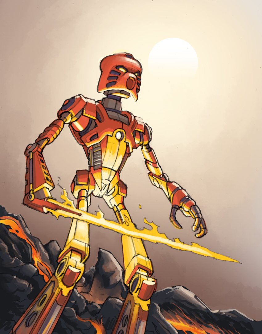 2021 3_fingers absurd_res ambiguous_gender armor bionicle biped detailed_background digital_drawing_(artwork) digital_media_(artwork) fingers fire_sword glowing_weapon hambonous hi_res holding_object holding_weapon humanoid lava lego living_machine machine mask melee_weapon mouthless not_furry outside robot simple_background sky solo standing sun sword tahu toa volcano weapon weapon_arm yellow_eyes
