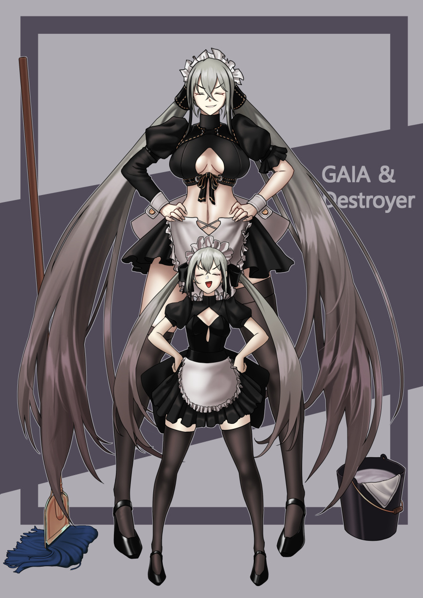 2girls absurdly_long_hair absurdres alternate_costume apron asymmetrical_legwear breasts cel_da_lin destroyer_(girls_frontline) enmaided gaia_(girls_frontline) girls_frontline gradient_hair grey_hair hands_on_hips high_heels highres large_breasts long_hair low_twintails maid maid_apron maid_headdress multicolored_hair multiple_girls navel puffy_short_sleeves puffy_sleeves short_sleeves size_difference small_breasts smug thighhighs twintails very_long_hair