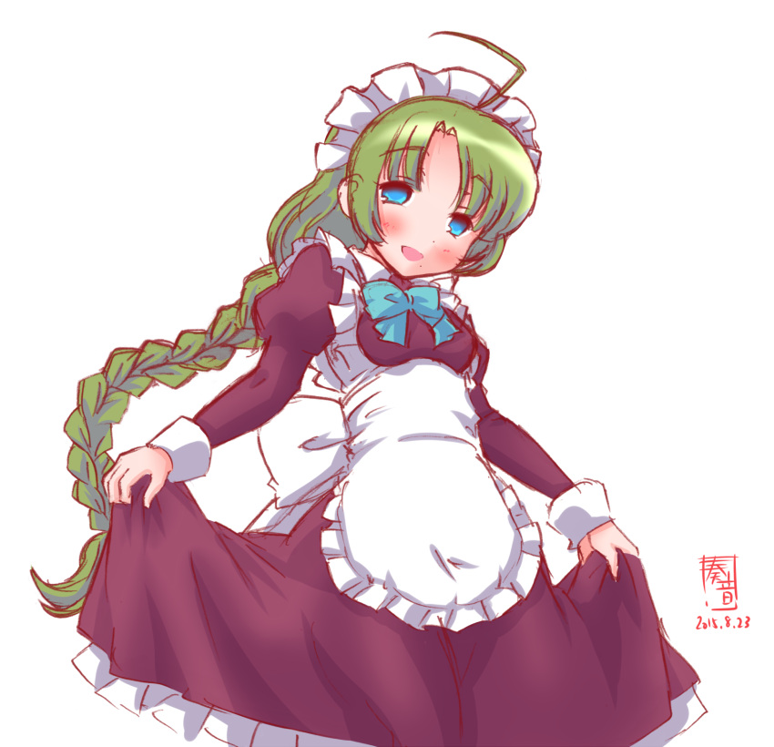 1girl adapted_costume ahoge alternate_costume apron artist_logo blue_eyes blue_ribbon blush bow bowtie braid cowboy_shot dated dress enmaided frilled_apron frilled_dress frills green_hair highres kanon_(kurogane_knights) kantai_collection long_sleeves looking_at_viewer maid maid_apron maid_headdress mole mole_under_mouth pink_dress ribbon signature simple_background skirt_hold solo white_apron white_background yuugumo_(kantai_collection)