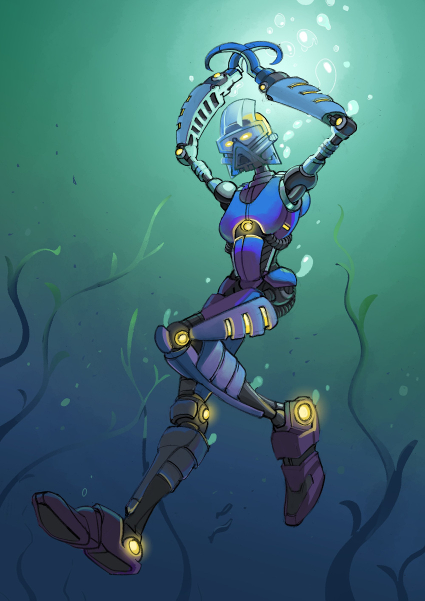 2021 absurd_res armor bionicle biped blue_background blue_body bubble digital_drawing_(artwork) digital_media_(artwork) female fish gali green_background hambonous hi_res hook hook_hand humanoid kelp lego living_machine machine marine mask melee_weapon mouthless not_furry outside robot simple_background swimming toa underwater water weapon yellow_eyes