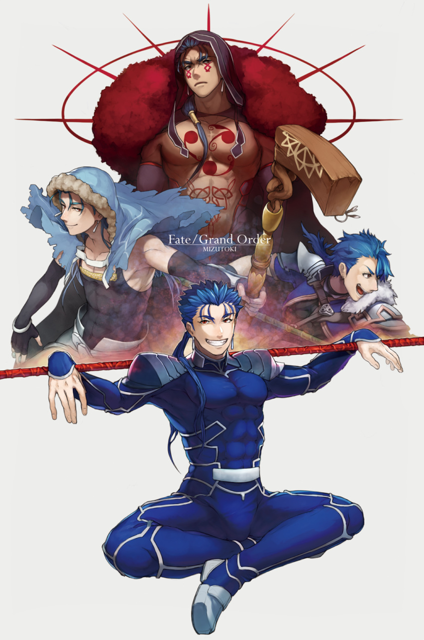 4boys abs angry armor belt blue_hair bodypaint bodysuit bracelet bulge cape capelet closed_mouth crossed_legs cu_chulainn_(fate)_(all) cu_chulainn_(fate/grand_order) cu_chulainn_(fate/prototype) cu_chulainn_alter_(fate/grand_order) dark_blue_hair dark_persona detached_hood earrings elbow_gloves facepaint fate/grand_order fate/prototype fate/stay_night fate_(series) fingerless_gloves full_body fur-trimmed_cape fur-trimmed_hood fur_trim gae_bolg gloves grin highres holding holding_polearm holding_staff holding_weapon hood hood_up hooded_capelet jewelry lancer long_hair looking_at_viewer male_focus mizutoki multiple_boys multiple_persona muscular open_mouth pauldrons pectorals polearm ponytail red_eyes shirtless shoulder_armor simple_background sitting skin_tight smile spiked_hair spikes staff tank_top type-moon vambraces weapon white_background wooden_staff