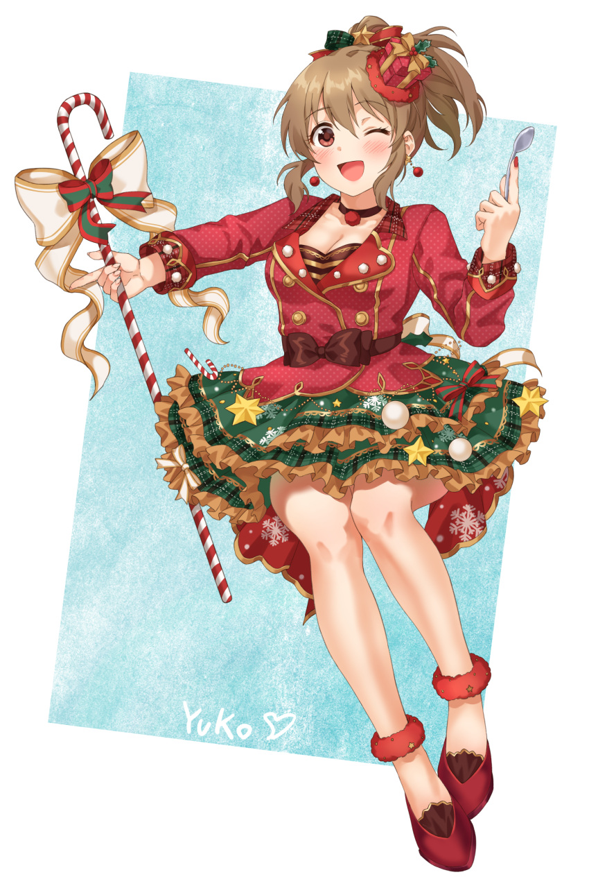 1girl ;d ankle_scrunchie black_choker breasts brown_hair candy candy_cane character_name choker christmas cleavage earrings eyebrows_visible_through_hair food frilled_skirt frills gift green_skirt hair_ornament highres holding holding_spoon hori_yuuko idolmaster idolmaster_cinderella_girls index_finger_raised jacket jewelry layered_skirt long_sleeves looking_at_viewer medium_breasts one_eye_closed open_mouth oversized_object plaid plaid_skirt red_eyes red_footwear red_jacket red_scrunchie scrunchie short_ponytail sirurabbit skirt smile solo spoon standing star_(symbol) star_hair_ornament star_ornament