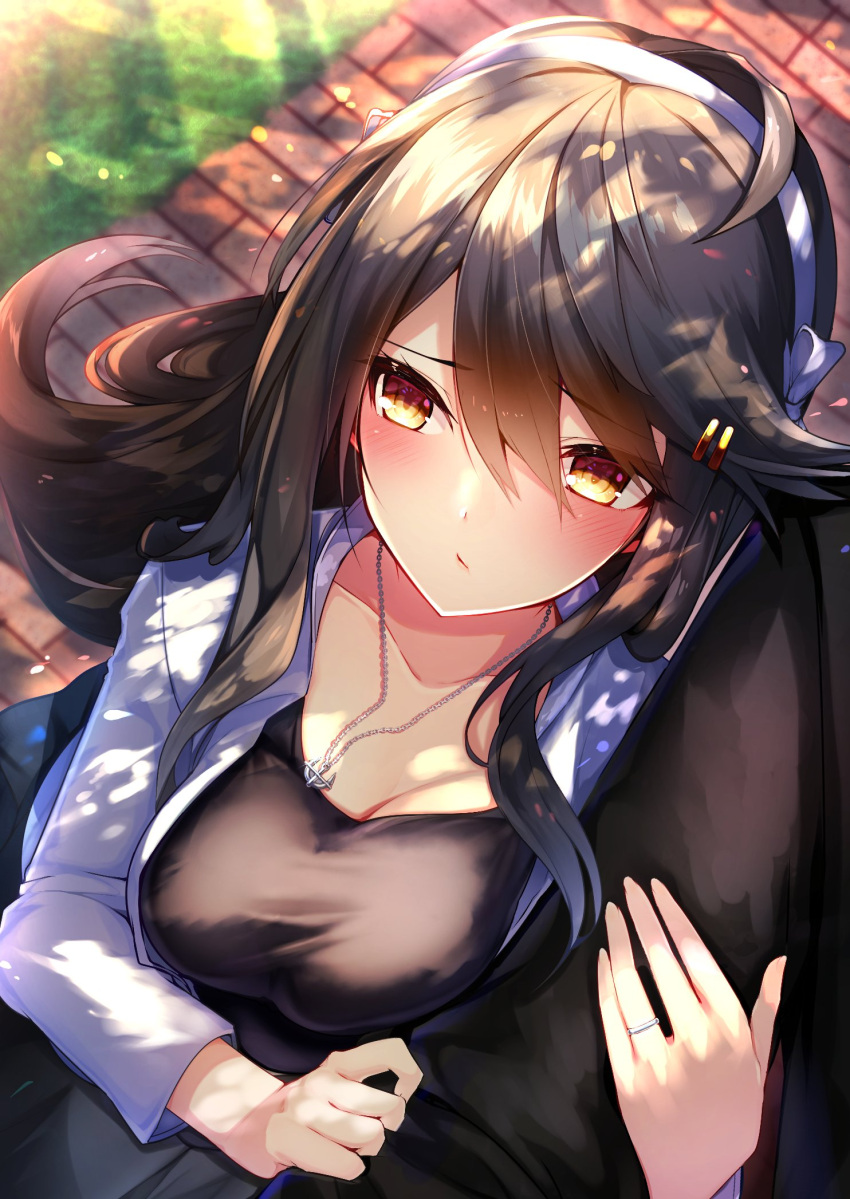 1boy 1girl admiral_(kantai_collection) anchor_necklace black_hair black_shirt blush breasts brown_eyes casual cleavage grey_skirt hair_between_eyes hair_ornament hairband hairclip haruna_(kantai_collection) highres jacket kantai_collection large_breasts long_hair long_skirt looking_to_the_side official_alternate_costume shirt skirt solo_focus tsukui_kachou white_hairband white_jacket