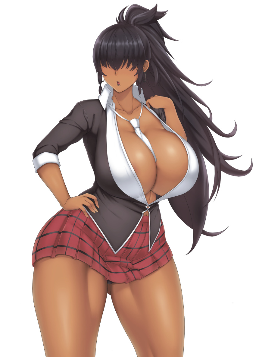 1girl absurdres areolae ass_visible_through_thighs bangs between_breasts black_jacket black_lipstick black_panties blazer breasts center_opening collared_shirt commission dark_skin depp3 dress_shirt faceless faceless_female gyaru hair_over_eyes hand_on_hip highres huge_breasts jacket lipstick long_hair long_sleeves looking_to_the_side makeup miniskirt mole mole_under_mouth necktie necktie_between_breasts open_clothes open_mouth open_shirt original panties plaid plaid_skirt pleated_skirt ponytail red_skirt school_uniform shirt sidelocks skirt sleeves_folded_up solo tan thick_thighs thighs underwear very_long_hair white_neckwear white_shirt