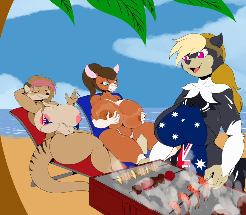 anthro apron australian_flag barbecue_grill beach big_breasts bikini breasts clothed clothing dasyuromorph digital_media_(artwork) female fur group hair kangaroo macropod mammal marsupial open_mouth outside seaside skimpy smile suirano swimwear thylacine