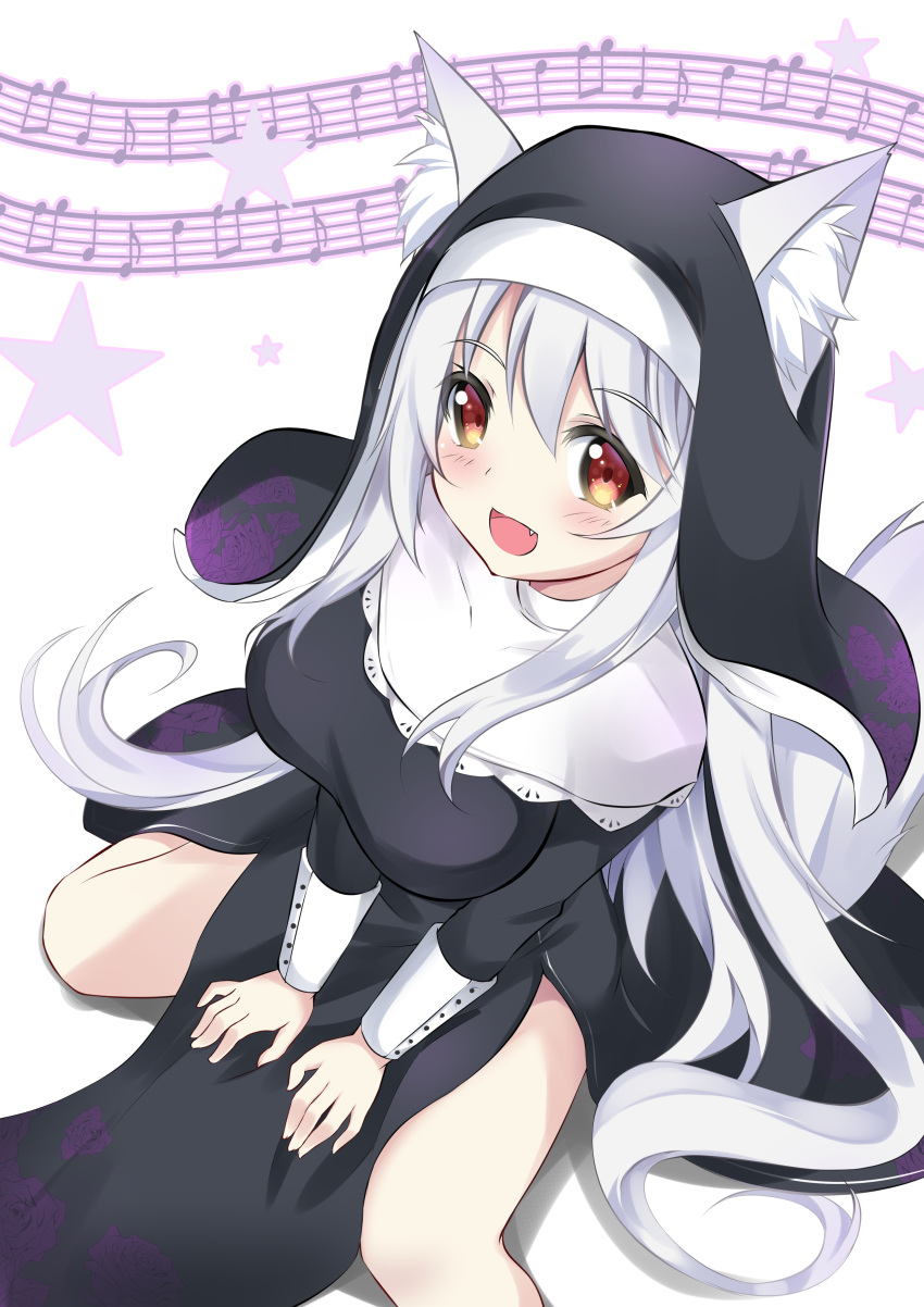 1girl :d absurdres animal_ear_fluff animal_ears bangs beamed_eighth_notes black_dress blush breasts catstudioinc_(punepuni) commentary dress ears_through_headwear eighth_note english_commentary eyebrows_visible_through_hair fang fox_ears fox_girl fox_tail from_above habit hair_between_eyes highres long_hair long_sleeves looking_at_viewer looking_up medium_breasts musical_note nun open_mouth original quarter_note red_eyes shadow silver_hair sitting smile solo starry_background tail very_long_hair wariza white_background