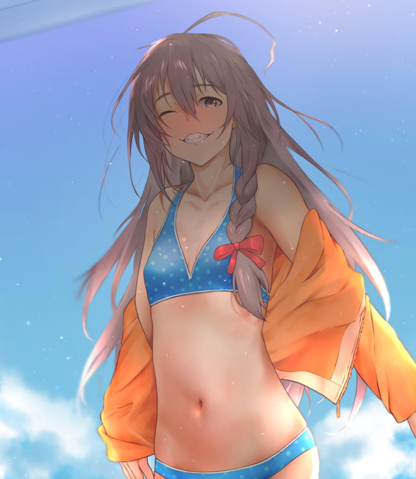 bikini blue_bikini blue_sky cloud day gobi_(sobmobink) highres hoshi_shouko idolmaster idolmaster_cinderella_girls jacket navel one_eye_closed orange_jacket outdoors purple_eyes red_ribbon ribbon sharp_teeth sky smile swimsuit swimwear teeth white_hair