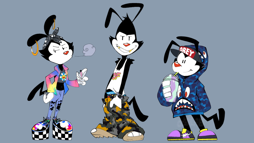 2021 animaniacs animaniacs_(2020) anthro bandanna beverage black_body black_eyes black_fur black_hair black_tail blue_bottomwear blue_clothing blue_pants bottomwear camo camo_bottomwear camo_clothing camo_pants camo_print cchilab clothing coat crop_top cup denim denim_clothing digital_media_(artwork) dot_warner drinking drinking_straw ear_piercing ear_ring fangs female front_view full-length_portrait fur gold_(metal) gold_tooth hair hands_in_pockets hat headgear headwear hi_res holding_beverage holding_object hoop_earrings inkblot jacket jeans kerchief looking_at_viewer male mammal midriff pants pattern_bottomwear pattern_clothing pattern_pants piercing pockets portrait red_nose shirt smoking standing tank_top topwear trio wakko_warner warner_brothers white_face yakko_warner