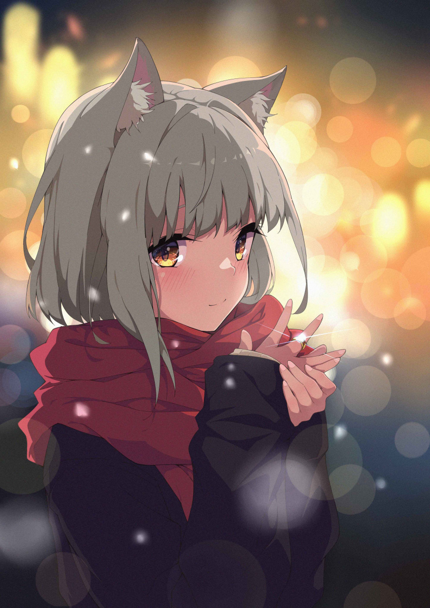 1girl absurdres animal_ear_fluff animal_ears azur_lane backlighting bangs black_sweater blurry blurry_background blush bokeh cat_ears cat_girl closed_mouth depth_of_field glint grey_hair heart heart-shaped_pupils highres inazuma_(1205246) jewelry long_sleeves looking_at_viewer orange_eyes own_hands_together red_scarf ring scarf short_hair sleeves_past_wrists smile solo sweater symbol-shaped_pupils upper_body yukikaze_(azur_lane)