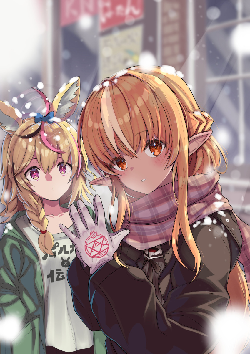 2girls absurdres ahoge animal_ear_fluff animal_ears bangs blonde_hair blue_bow blush bow braid brown_jacket clothes_writing commentary_request dark-skinned_female dark_skin eyebrows_visible_through_hair fox_ears fullmetal_alchemist gloves green_jacket green_shirt hair_between_eyes hair_bow highres hololive jacket looking_at_viewer magic_circle multicolored_hair multiple_girls omaru_polka open_clothes open_jacket outdoors own_hands_together parted_lips pink_eyes pink_hair pink_scarf plaid plaid_scarf pointy_ears ralf red_eyes scarf shiranui_flare shirt snowing streaked_hair upper_body virtual_youtuber white_gloves white_hair