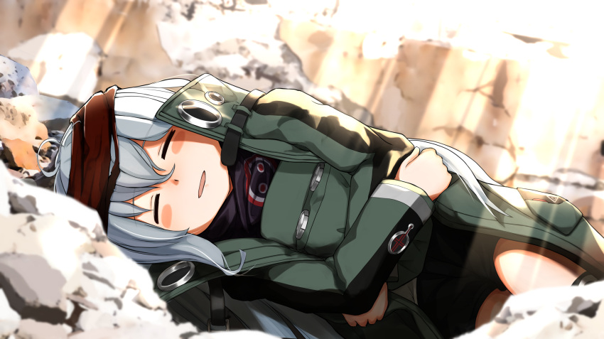 1girl bangs black_shorts blush_stickers closed_eyes day g11_(girls_frontline) girls_frontline green_jacket greyscale hair_between_eyes hat high_collar highres holding holding_clothes holding_hat jacket long_hair long_sleeves lying monochrome on_side open_mouth outdoors red_scarf scarf scarf_on_head shorts sleeping solo yotubawatane