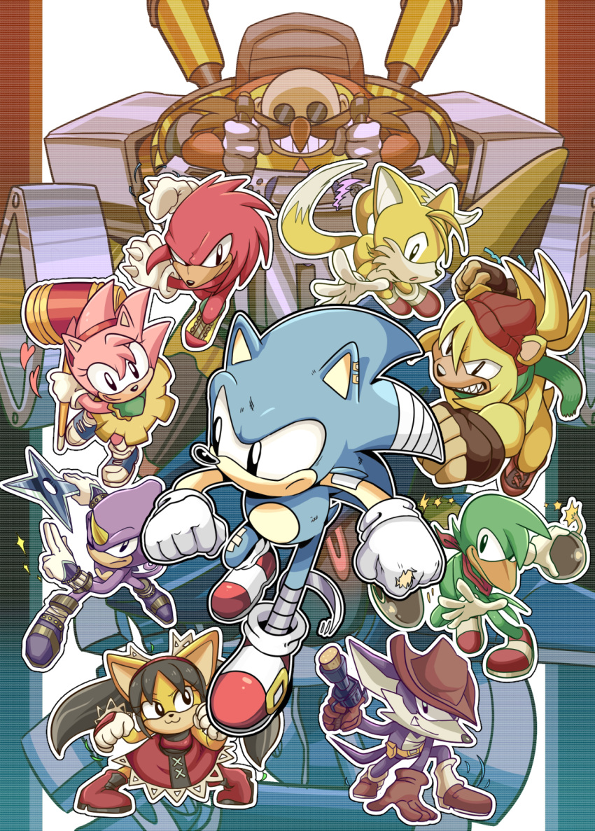 2girls 6+boys :3 amy_rose bandages bark_the_polar_bear bean_the_dynamite bomb boots closed_mouth dr._eggman espio_the_chameleon fang_the_sniper furry gloves gun hammer highres holding holding_bomb holding_gun holding_hammer holding_weapon honey_the_cat knuckles_the_echidna metal_sonic multiple_boys multiple_girls robot sharp_teeth shoes shuriken smile sneakers sonic sonic_the_fighters sonic_the_hedgehog tails_(sonic) teeth tory_(tory29) weapon white_gloves
