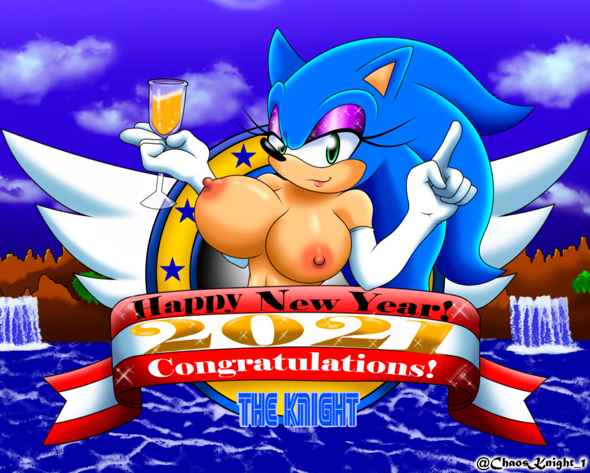 anthro big_breasts blue_hair breasts clothing cup eulipotyphlan eyeshadow female gloves green_eyes hair handwear hedgehog hi_res holidays humanoid lipstick makeup mammal new_year nipples pink_nipples rodent sega solo sonic_the_hedgehog sonic_the_hedgehog_(series) the_knight video_games