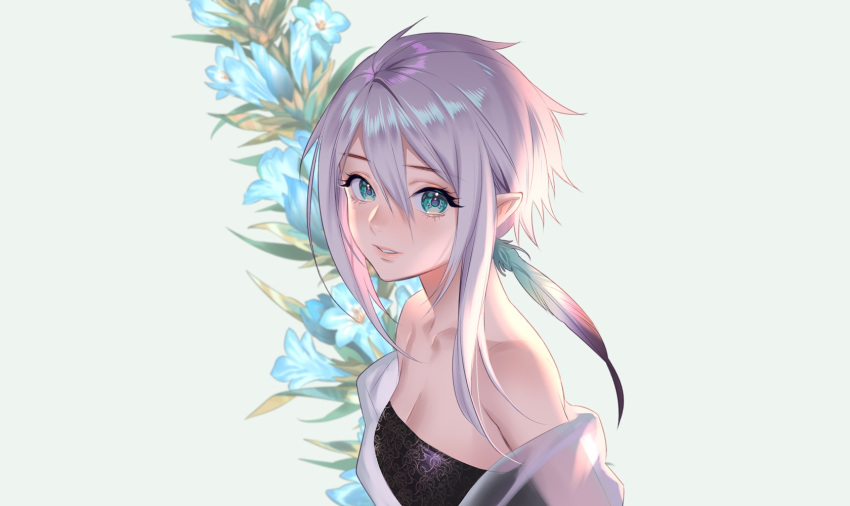 breasts cleavage feathers flowers foo_midori gray gray_hair green_eyes original pointed_ears short_hair third-party_edit