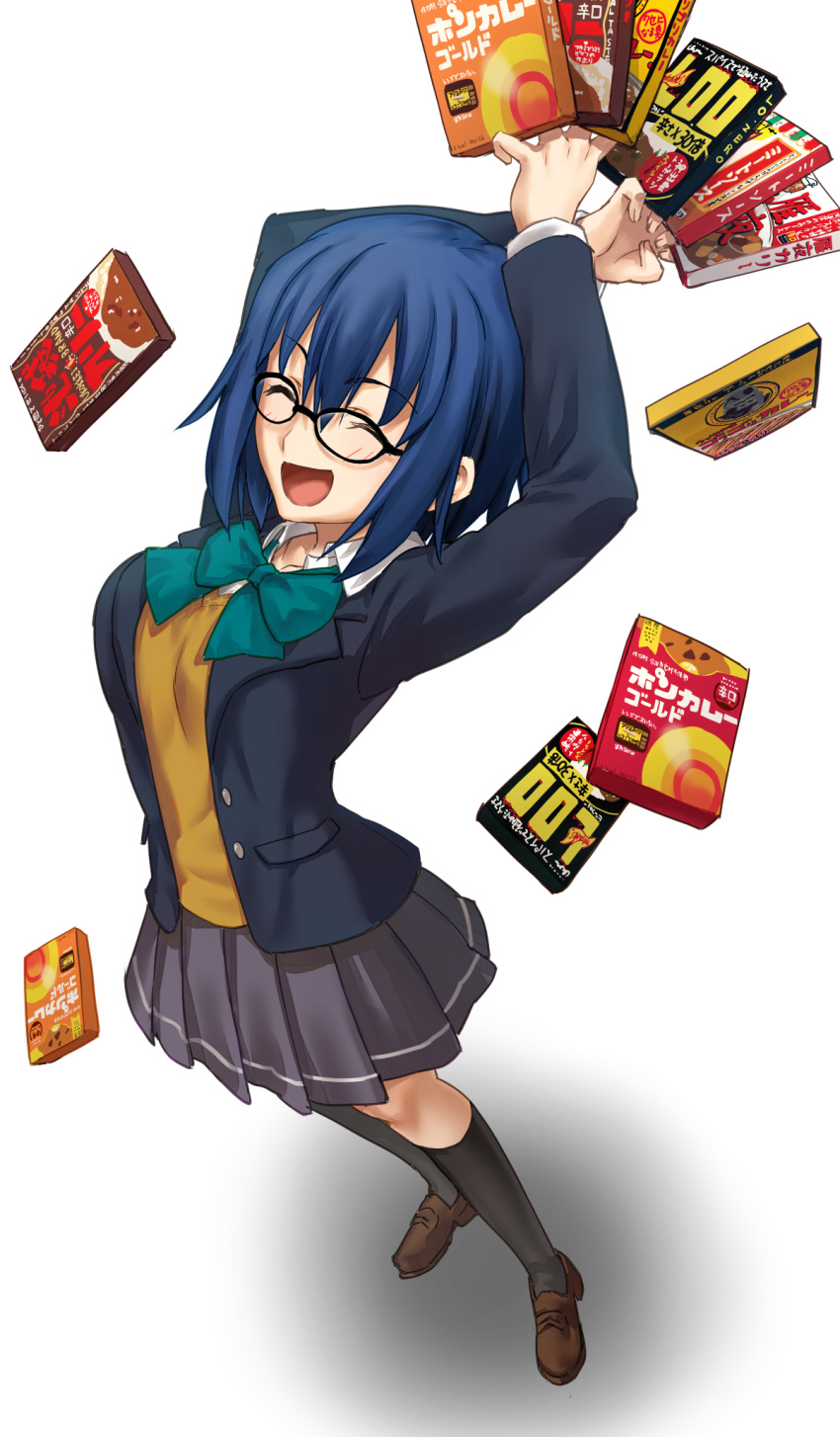 1girl bangs black-framed_eyewear black_jacket black_legwear blue_hair blush boshi_(a-ieba) bow bowtie breasts buttons ciel_(tsukihime) closed_eyes collared_shirt commentary_request curry eyebrows_visible_through_hair food glasses green_bow grey_skirt hair_between_eyes highres holding holding_food jacket kneehighs large_breasts long_sleeves miniskirt open_clothes open_jacket open_mouth pocket school_uniform shadow shirt short_hair simple_background skirt smile solo thighs tsukihime tsukihime_(remake) uniform vest white_background white_shirt yellow_vest