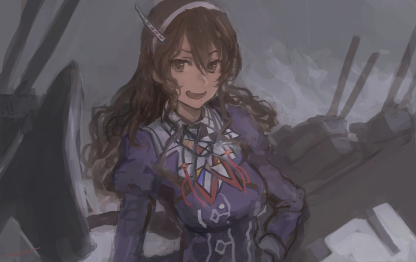 1girl ashigara_(kantai_collection) bangs breasts brown_eyes brown_hair grey_background hair_between_eyes hairband highres kantai_collection long_hair long_sleeves military military_uniform moor open_mouth remodel_(kantai_collection) rigging simple_background solo uniform upper_body wavy_hair white_hairband