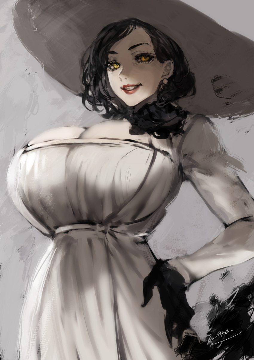 1girl absurdres alcina_dimitrescu apt breasts cleavage commentary_request dress hand_on_hip hat highres huge_breasts lipstick long_hair looking_at_viewer makeup resident_evil resident_evil_village smile solo white_dress yellow_eyes