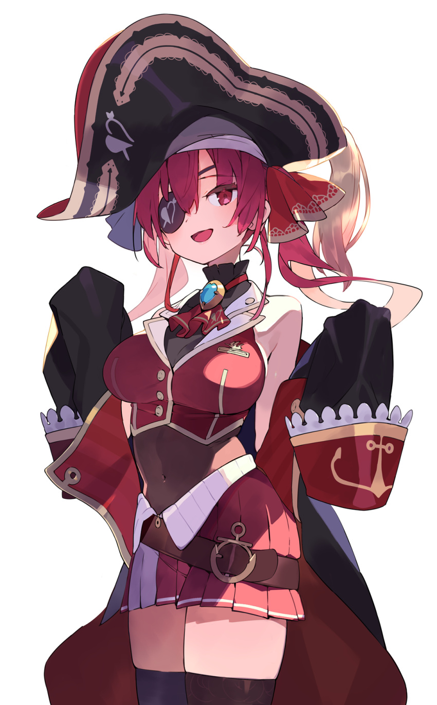 1girl :d belt black_legwear bodystocking breasts brooch commentary_request covered_navel cowboy_shot eyepatch hajime_(hajime-ill-1st) hat highres hololive houshou_marine jewelry large_breasts long_sleeves looking_away off_shoulder open_mouth pirate_hat pleated_skirt red_eyes red_hair red_skirt simple_background skirt sleeves_past_fingers sleeves_past_wrists smile solo thighhighs twintails virtual_youtuber white_background zettai_ryouiki