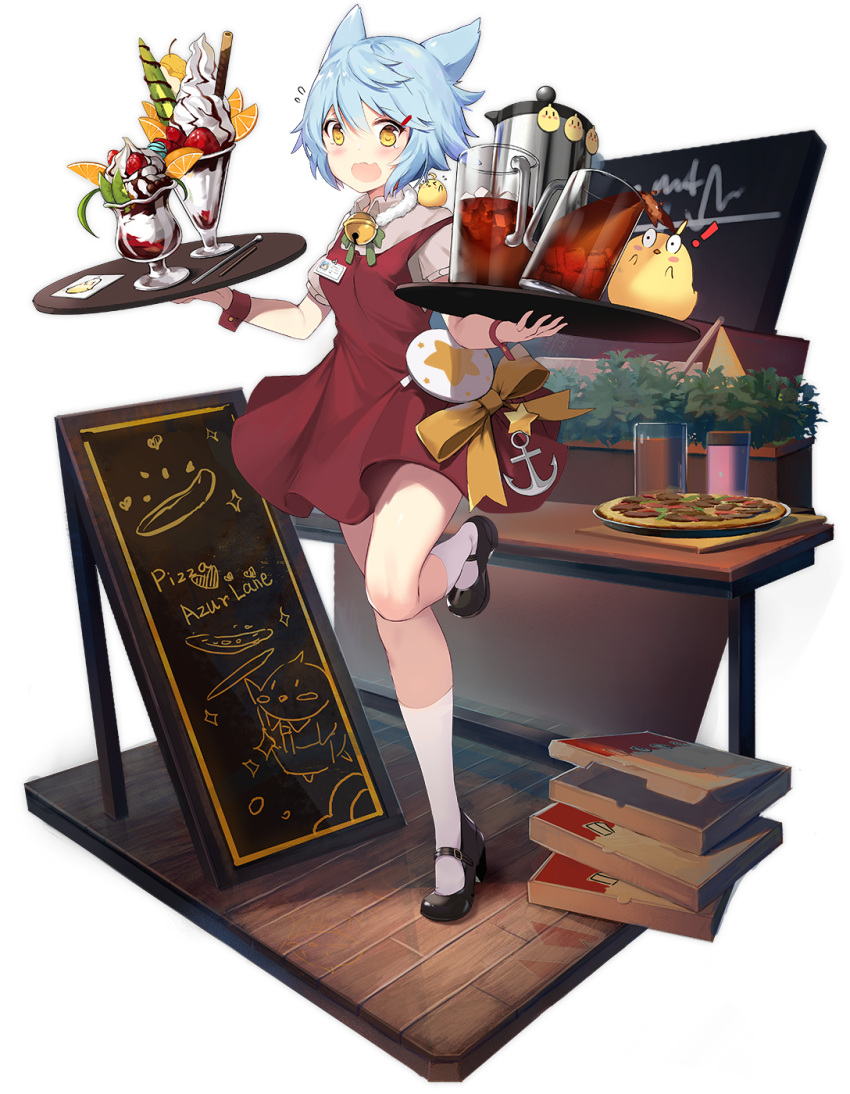 1girl alisa_(kuro_no_sakura) animal_ears apron azur_lane bell blue_hair cola dress food fubuki_(azur_lane) fubuki_(stormy_waitress-in-training!)_(azur_lane) highres ice_cream leg_up light_blue_hair looking_at_viewer manjuu_(azur_lane) official_alternate_costume official_art open_mouth ribbon short_hair skirt transparent_background uniform white_footwear yellow_eyes yellow_ribbon