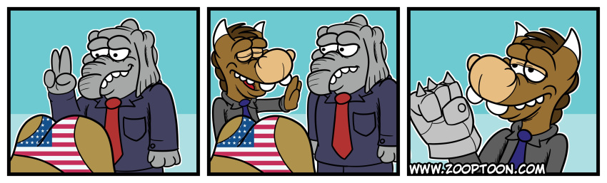 absurd_res anthro asinus brown_body brown_fur butt clothing comic democrat_donkey donkey elephant elephantid equid equine female fur gauntlet_(weapon) grey_body group hi_res implied_fingering implied_fisting male male/female mammal necktie politics proboscidean republican_elephant simple_background stars_and_stripes suit text toony united_states_of_america url webcomic zooptoon