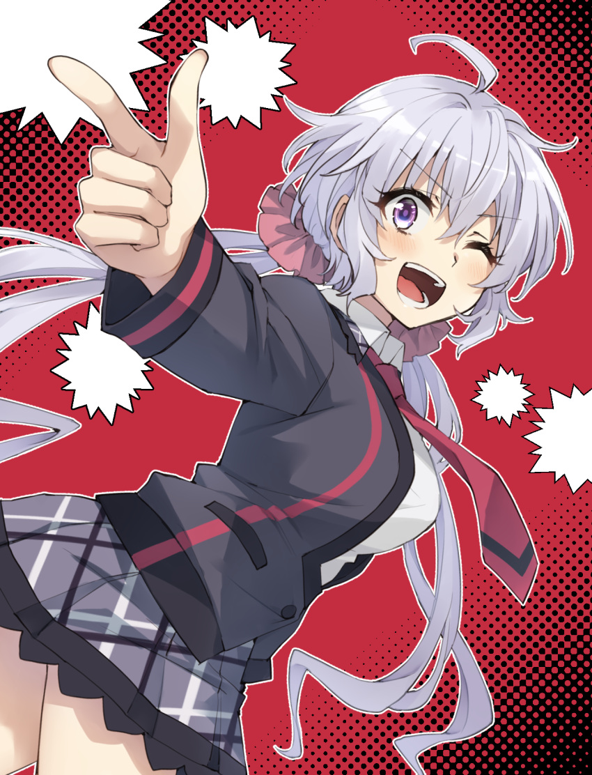 1girl ahoge bangs blush breasts eyebrows_visible_through_hair finger_gun hair_between_eyes highres large_breasts lydian_academy_uniform miniskirt necktie one_eye_closed open_mouth plaid plaid_skirt purple_eyes red_neckwear school_uniform senki_zesshou_symphogear silver_hair skirt solo somechime_(sometime1209) twintails twisted_torso v-shaped_eyebrows yukine_chris