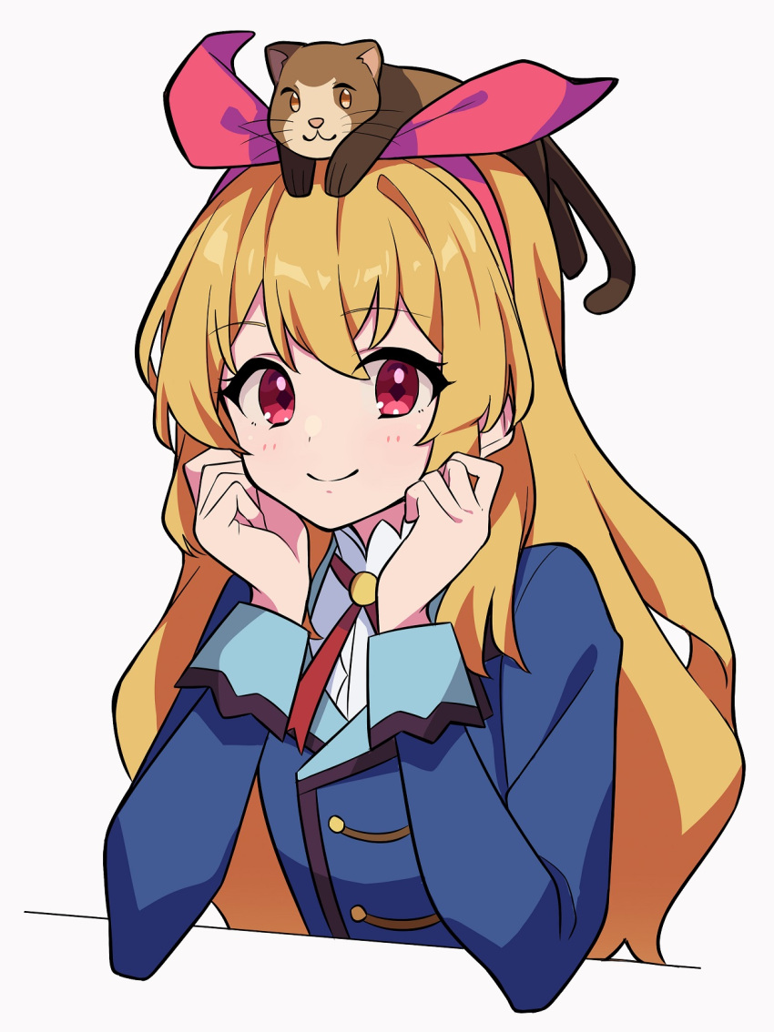 1girl aikatsu! aikatsu!_(series) animal_on_head arm_rest blonde_hair blue_jacket bow clenched_hands collared_shirt diamond-shaped_pupils diamond_(shape) elbow_rest eyebrows_visible_through_hair ferret ferry_(aikatsu!) hair_bow hairband hand_on_own_cheek hand_on_own_face highres hoshimiya_ichigo jacket long_hair looking_at_viewer neck_ribbon on_head red_bow red_eyes red_neckwear ribbon school_uniform shirt simple_background smile starlight_academy_uniform symbol-shaped_pupils uhouhogorigori upper_body white_background white_shirt