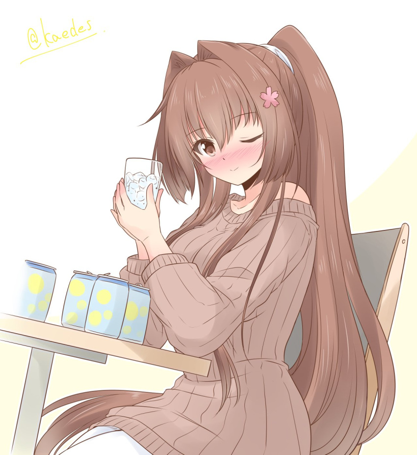 1girl beer_can blush brown_eyes brown_hair brown_sweater can cherry_blossoms commentary_request dutch_angle flower glasses hair_flower hair_ornament highres ice ice_cube icesherbet kantai_collection long_hair looking_at_viewer official_alternate_costume one_eye_closed ponytail ribbed_sweater sitting solo sweater table twitter_username two-tone_background yamato_(kantai_collection)